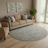 8' Granite Gray And Silver Southwestern Washable Round Rug With UV Protection