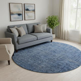 8' Navy Blue And Gray Southwestern Washable Round Rug With UV Protection