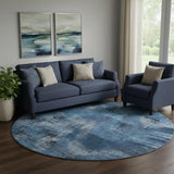 8' Blue Ivory And Charcoal Abstract Washable Round Rug With UV Protection