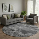 8' Gray And Silver Abstract Washable Round Rug With UV Protection