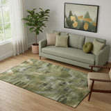 5' X 8' Olive Green Gold And Charcoal Abstract Washable Area Rug With UV Protection