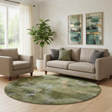 8' Olive Green Gold And Charcoal Abstract Washable Round Rug With UV Protection