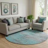 8' Teal And Gray Abstract Washable Round Rug With UV Protection
