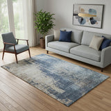 5' X 8' Navy Blue Beige And Taupe Abstract Washable Area Rug With UV Protection