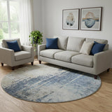 8' Navy Blue Beige And Taupe Abstract Washable Round Rug With UV Protection