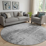 8' Gray And Silver Abstract Washable Round Rug With UV Protection