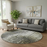 8' Taupe Green And Gray Abstract Washable Round Rug With UV Protection