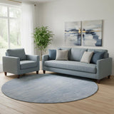 8' Denim Blue And Ivory Abstract Washable Round Rug With UV Protection