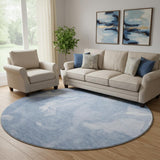 8' Blue And Ivory Abstract Washable Round Rug With UV Protection