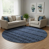 8' Navy Blue And Gray Southwestern Washable Round Rug With UV Protection