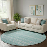 8' Teal And Ivory Southwestern Washable Round Rug With UV Protection