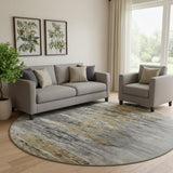 8' Gray Silver And Gold Abstract Washable Round Rug With UV Protection