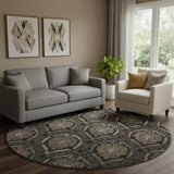 8' Black Brown And Gray Medallion Washable Round Rug With UV Protection