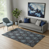 5' X 8' Blue And Charcoal Medallion Washable Area Rug With UV Protection