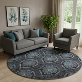 8' Blue And Charcoal Medallion Washable Round Rug With UV Protection