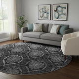 8' Gray And Silver Medallion Washable Round Rug With UV Protection