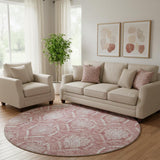 8' Pink And Ivory Medallion Washable Round Rug With UV Protection