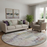 8' Plum Gold And Ivory Abstract Washable Round Rug With UV Protection