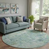 8' Teal Green And Ivory Abstract Washable Round Rug With UV Protection