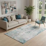 5' X 8' Teal Beige And Copper Abstract Washable Area Rug With UV Protection