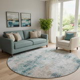 8' Teal Beige And Copper Abstract Washable Round Rug With UV Protection