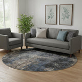 8' Charcoal Blue And Beige Abstract Washable Round Rug With UV Protection