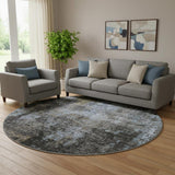 8' Graphite Blue And Copper Abstract Washable Round Rug With UV Protection