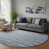 8' Navy Blue And Gray Striped Washable Round Rug With UV Protection