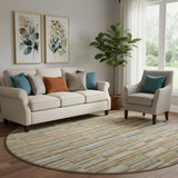 8' Rust Beige And Gray Striped Washable Round Rug With UV Protection
