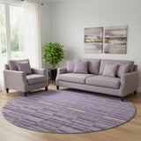 8' Purple And Gray Striped Washable Round Rug With UV Protection