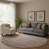 8' Red Beige And Copper Striped Washable Round Rug With UV Protection