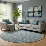 8' Teal And Gray Striped Washable Round Rug With UV Protection
