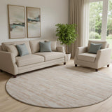 8' Salmon And Beige Striped Washable Round Rug With UV Protection