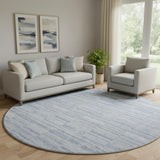 8' Sky Blue And Ivory Striped Washable Round Rug With UV Protection