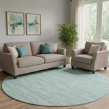 8' Turquoise Gray And Ivory Striped Washable Round Rug With UV Protection