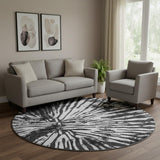 8' Black And Ivory Zebra Print Washable Round Rug With UV Protection