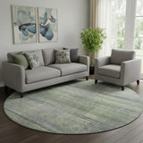 8' Artichoke Green And Gray Striped Washable Round Rug With UV Protection