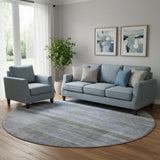 8' Blue And Gray Striped Washable Round Rug With UV Protection