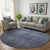 8' Navy Blue And Gray Striped Washable Round Rug With UV Protection