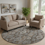 8' Chocolate Beige And Gray Damask Washable Round Rug With UV Protection