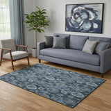 5' X 8' Navy Blue And Gray Damask Washable Area Rug With UV Protection