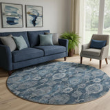 8' Navy Blue And Gray Damask Washable Round Rug With UV Protection