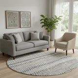 8' Ivory Brown And Gray Striped Washable Round Rug With UV Protection