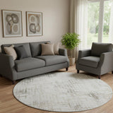 8' Taupe And Ivory Abstract Geometric Washable Round Rug With UV Protection
