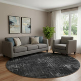 8' Charcoal And Ivory Abstract Geometric Washable Round Rug With UV Protection