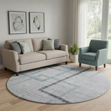 8' Gray And Blue Geometric Washable Round Rug With UV Protection