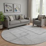8' Gray And Silver Geometric Washable Round Rug With UV Protection