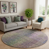 8' Plum Green And Brown Abstract Geometric Washable Round Rug With UV Protection
