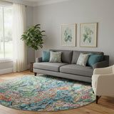 8' Blue Orange And Green Abstract Washable Round Rug With UV Protection