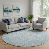 8' Sky Blue And Ivory Abstract Washable Round Rug With UV Protection